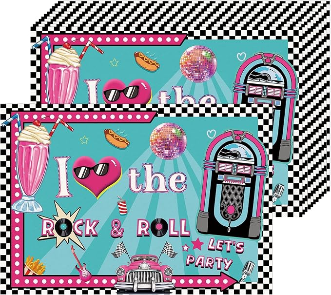 50's Party Placemats Paper Placemats Disposable 50 Pack 16x 11 Inch Rock and Roll 1950's 70s 80s 90s Rocking Paper Table Mats for Music Birthday Party Anniversary Table Decoration