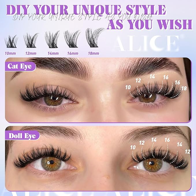 ALICE Wispy Lash Clusters Kit Natural Fluffy Lash Extension Kit Cluster Eyelash Extension Kit 162pcs C Curl 10-18mm Eyelash Clusters with Lash Glue Bond and Seal Lash Tweezers
