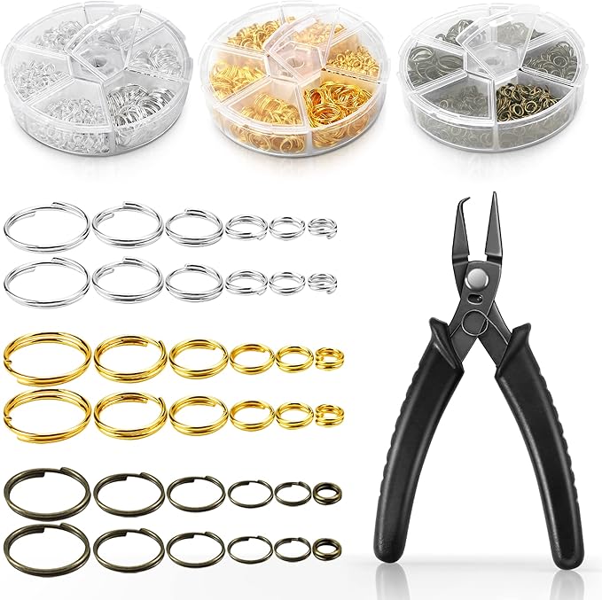 FSWCCK Split Rings for Jewelry Making, 2070 PCS Double Loops Split Jump Ring with Ring Pliers, Mini Metal Ring Pliers Connectors 4mm to12mm and DIY Crafts, Silver, Gold and Bronze