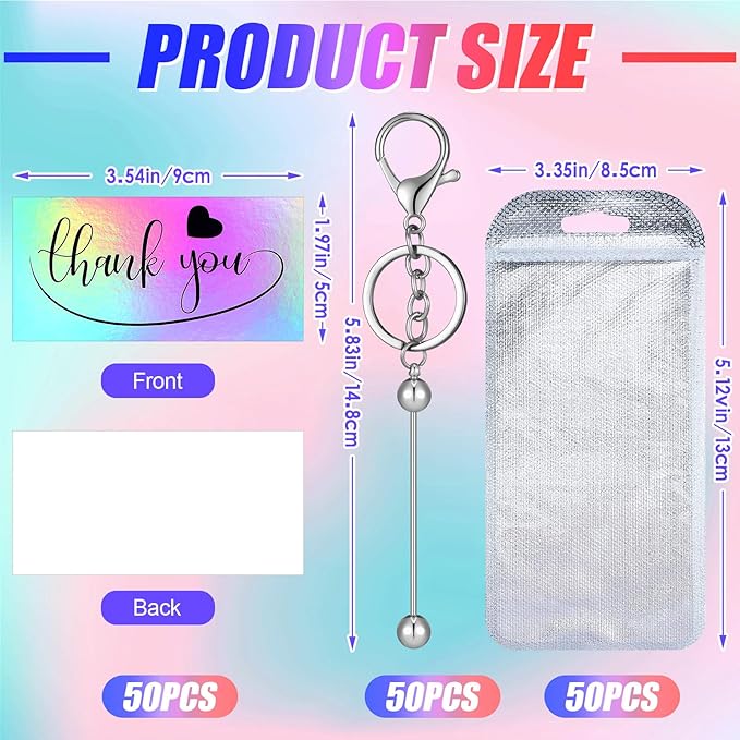 Sasylvia 90 Pcs Beadable Keychain Bars Bulk Making Kit Beaded Keychain Bag Thank You Cards for DIY Keyrings Charms