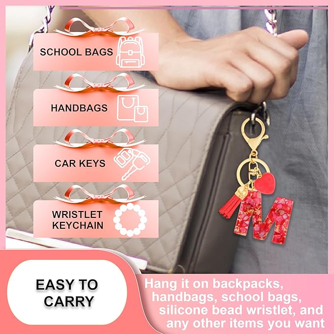 Initial Keychains for Women with Cute Heart Resin - Alphabet Letter Keychain for Bag, Backpacks, Purse or Car key