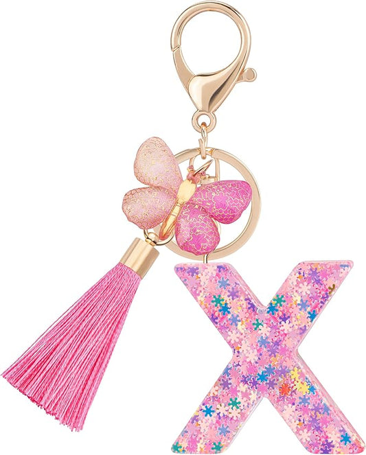 Suweibuke Cute Pink Key Chains for Women Girls, Initial Letter Keychains with Tassel, Charms for Key Purse Handbags Backpacks