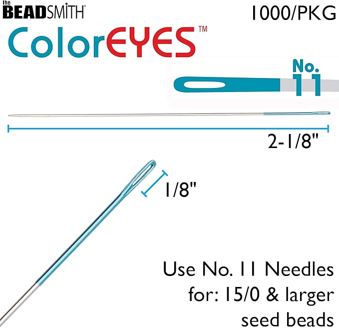 The Beadsmith ColorEYES Beading Needles, Size 11, 1 Bag/1000 Needles, Blue Colored Tip for Easy Identification of Size, Use for Loom Weaving Bead Work, Off-Loom Stitch & Jewelry Making w/Seed Beads