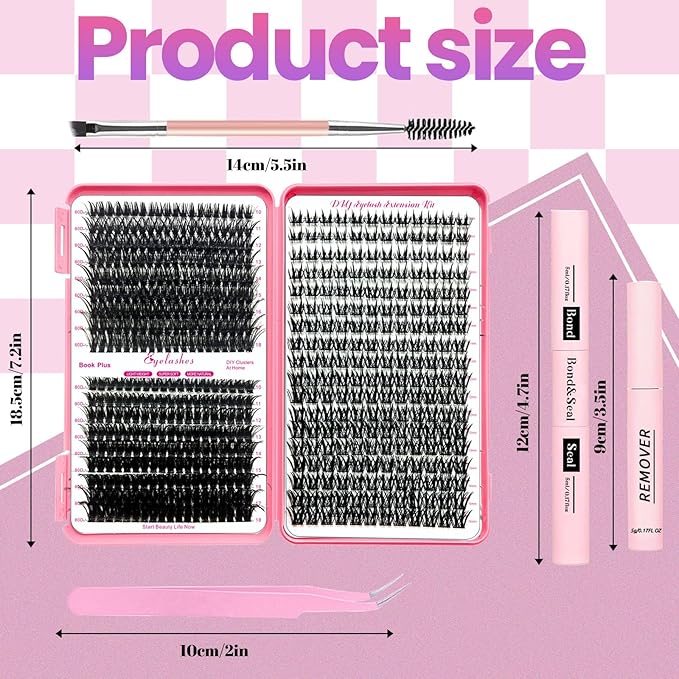 Qiveaory DIY Lash Extension Kit 567 Pcs Individual Lashes Clusters with Wispy lashes,Lash Bond and Seal,Eyelash Remover Tweezers Brush Eyelash Extension Set Lash Books DIY at Home
