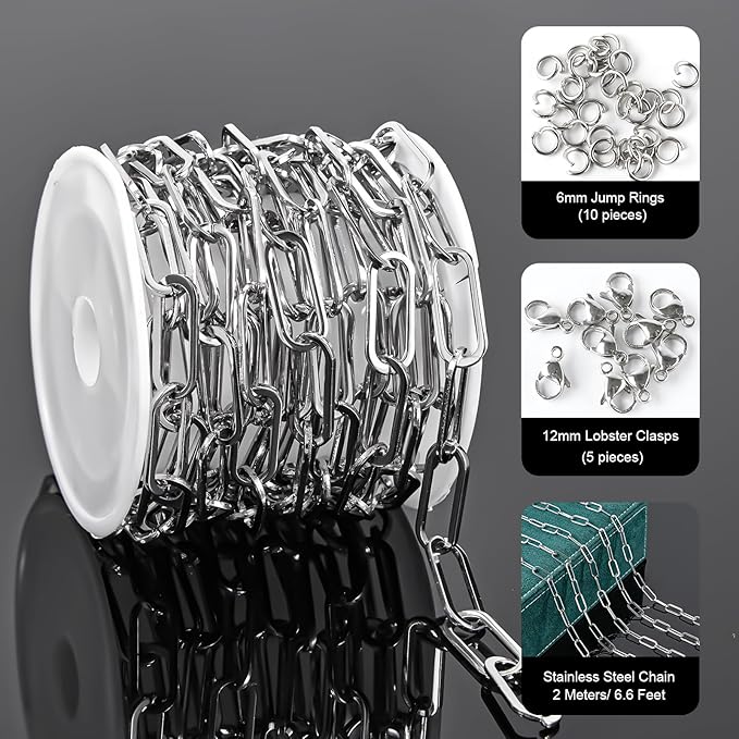 UMAOKANG 6.6 Feet Stainless Steel Chains for Jewelry Making Paperclip Link Craft Chain Roll with Jump Rings and Lobster Clasps
