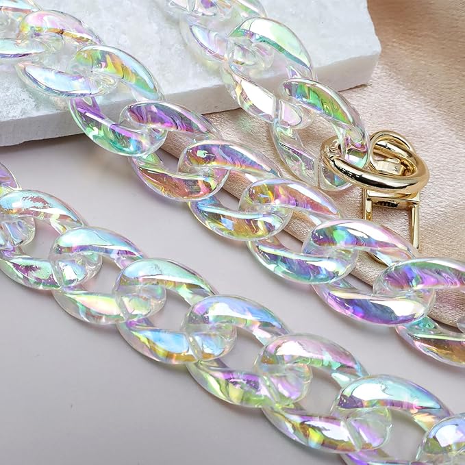 47.2"/120cm Acrylic Resin Chain Handles Bag Purse Detachable Decoration Chain with Buckles, Transparent Rainbow Color Multicolour