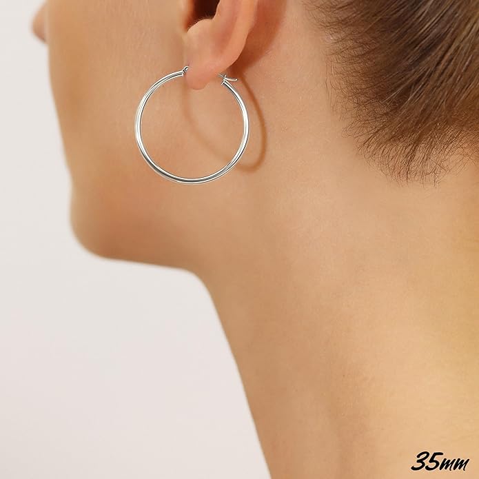 Classic 10K White Gold Hoop Earrings - Shiny Polished Plain Round Gold Hoops for Women and Men