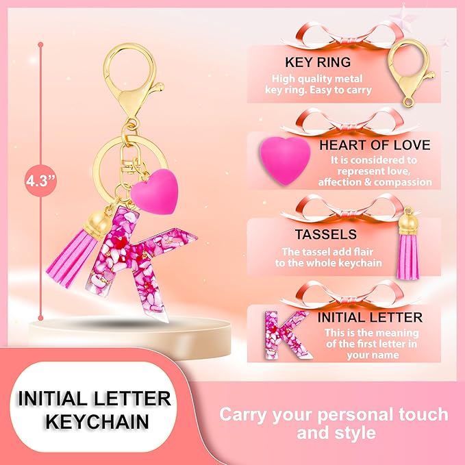 Initial Keychains for Women with Cute Heart Resin - Alphabet Letter Keychain for Bag, Backpacks, Purse or Car key