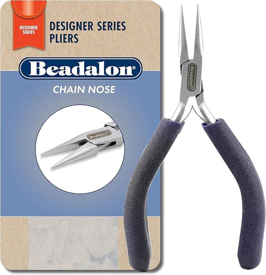 Beadalon Designer Series Chain Nose Pliers, Dark Blue Vinyl-Free Grips, Stainless Steel, Box Joint, Double Leaf Springs, 4.75 in