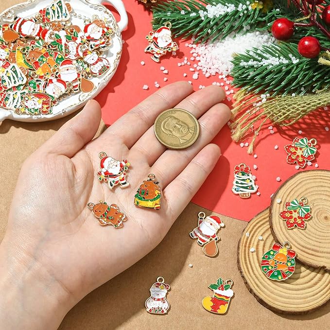Stiesy 40 Pcs 10 Styles Christmas Theme Enamel Pendants Golden Plated Santa Claus Christmas Wreath Snowman Shape Dangle Charms Bulk for DIY Jewelry Making Necklace Bracelet Craft