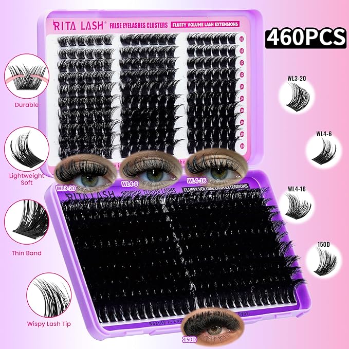 Lash Clusters Kit Eyelash Clusters Kit 3D Effect Cluster Eyelash Extensions Large Pack Spike Lash Extension Pestañas Postizas Naturales+Lash Bond&Seal,Remover,Tweezers,headband,wristband(Lash Kit-6)