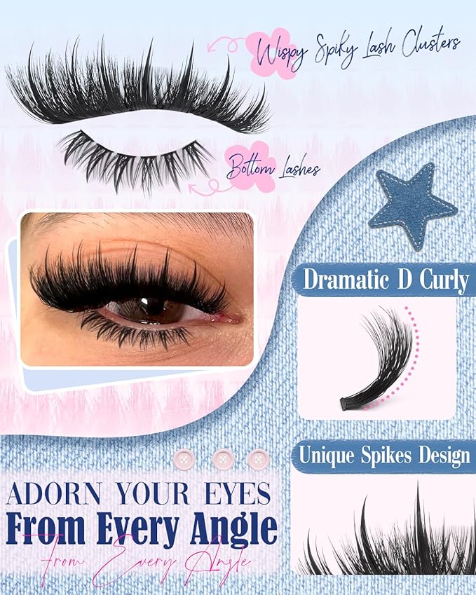 Wispy Lash Clusters Spikes Volume Eyelash Clusters Spiky Cluster Eyelash Extensions with Bottom Lashes Thick Cluster Lashes D Curly 6-22MM Individual Lashes Bond and Seal Tweezers by Lvmixwig