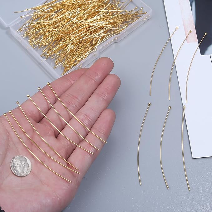 200 Pcs 70mm/2.76 Inch 21 Gauge Ball Pins for Jewelry Making Straight Head Eye Pin for DIY Christmas Styles Craft Earring Bracelet Necklace Pendant Making (Ball Pins,Gold Color)