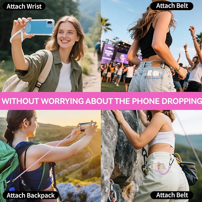 Doormoon Phone Lanyard Leash with 4 Patch, 2* Phone Tether, 4* Phone Tether Tab, 1* Carabiner for Climbing Outdoor Hiking Cycling Skiing Compatible for Smartphones Keys, PearlWhite; PearlPurple