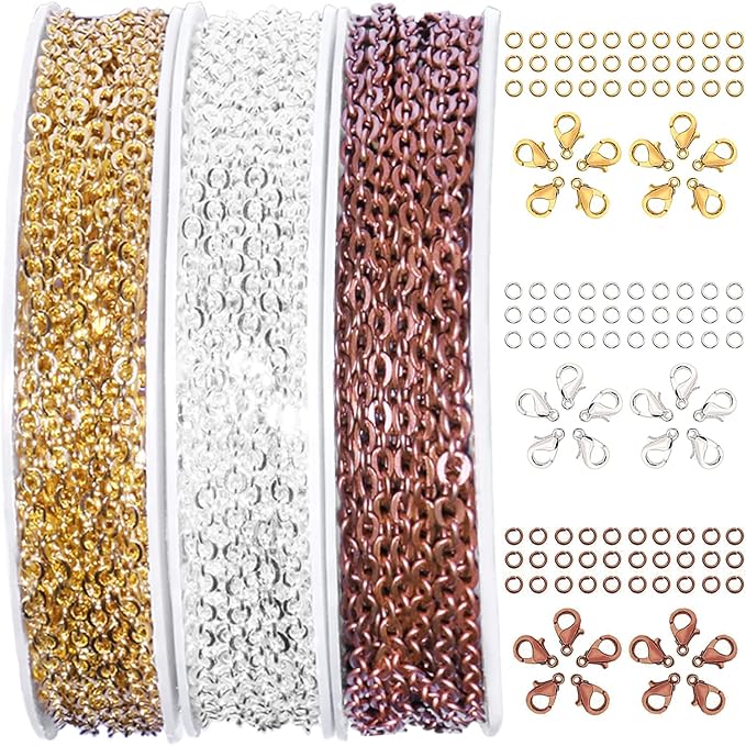 Jishi 30ft Jewelry Making Chains Bulk 2mm Necklace Chains for Jewelry Making Supplies, DIY Craft Earring Bracelet Making Findings, 3-Colors Gold Silver Copper Plated Metal Rolo Cable Link Chain Rolls