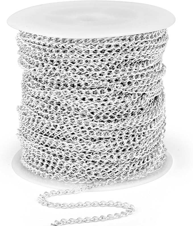 33 Feet Silver Curb Chains Bulk, 2.5mm Silver Plated 304 Stainless Steel Twisted Link Chains Roll Spool for Jewelry Making Extender