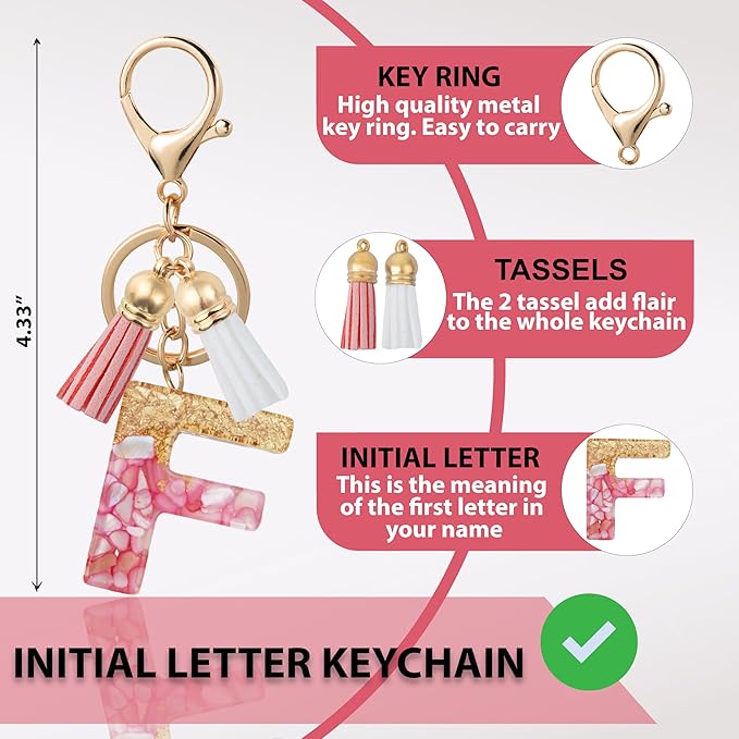Initial Letter Keychain Cute Resin with 2 PU Tassel, Letter Keychain for Backpack Charms, Initial Keychains for Women