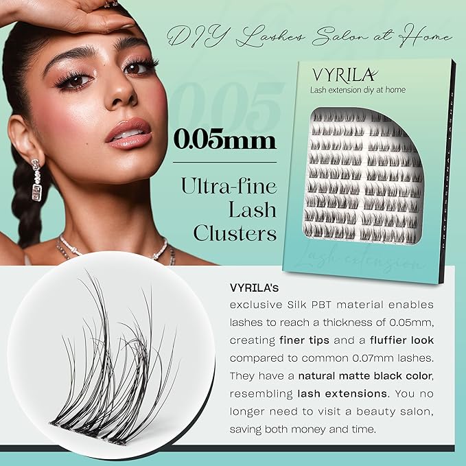 VYRILA Lash Clusters 0.05mm Individual Lashes, 3D Wispy Lashes Clusters, 0.1mm Super Thin Band Resuable Natural Lashes,D Curl Faux Mink Lashes,120pcs Lash Extension (Green Charm-D-0.05-8-16mix)