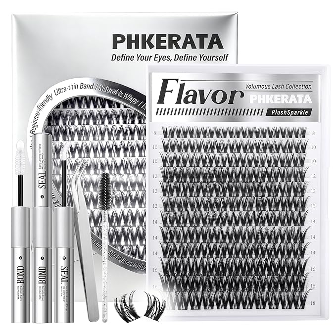 PHKERATA Flora Lash Clusters Kit Wispy Cluster Eyelash Extensions Natural Eyelash Clusters Kit Ultra-thin Band Individual Lashes DIY Lash Extensions with Bond and Seal Tweezers, 8-18mm, 132Pcs