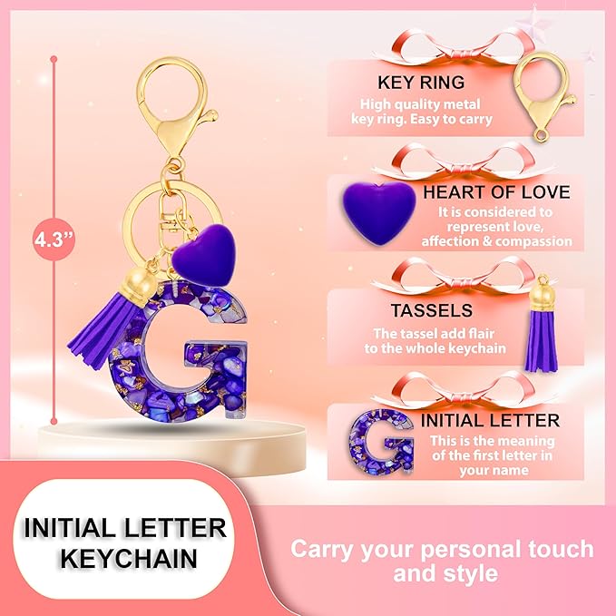 Initial Keychains for Women with Cute Heart Resin - Alphabet Letter Keychain for Bag, Backpacks, Purse or Car key