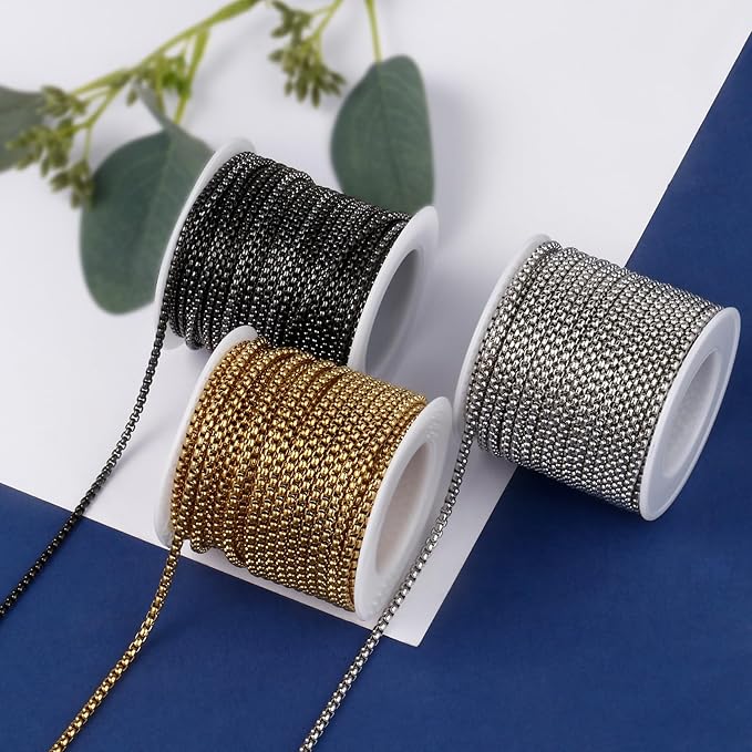[33FT] Gunmetal Stainless Steel Rolo Box Chains for Jewelry Making, 2.5mm Wide 304 Stainless Steel Rolo Link Chain Roll Bulk for DIY Jewelry Making Craft