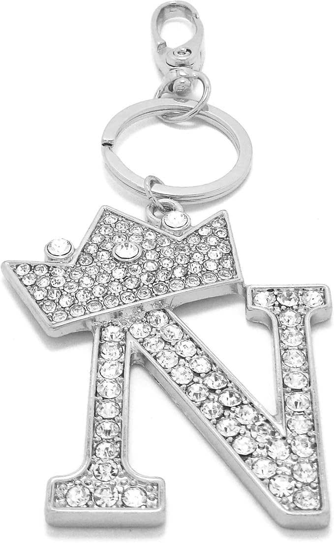 CBC Crown Crystal Rhinestone Letter Initial Keychain, Gold Metal, Bag Charm with Key Ring Approx. 2.17" x 2.56"