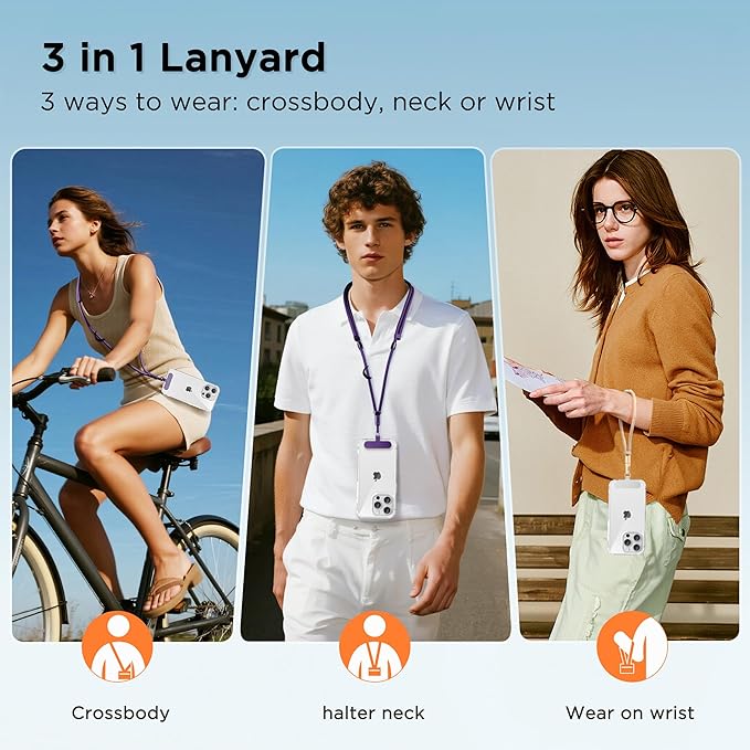 3-in-1 Cell Phone Lanyard 1 Pack + Wrist Strap 1 Pack - Convertible Crossbody Strap with Locking Knob Friendly, Adjustable Neck Lanyard for Gym/Work/Travel Essentials(Purple)