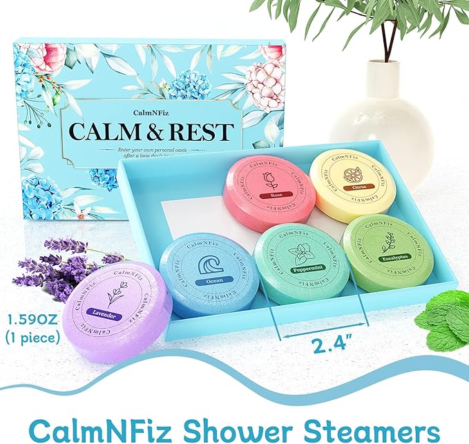 CalmNFiz 6 Pack Shower Steamers Aromatherapy, Stocking Stuffers for Women Men, Birthday Gifts for Her, Christmas White Elephant Gifts for Mom Adults Teen, Relaxation Self Care Natural Essential Oil