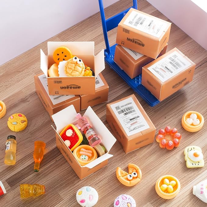 175PCS Miniature Courier Box Set Shopping Mall Shipping Boxes Mini Supermarket Handcart Models 1:12 Food Drink Bottles Cans Dollhouse Pretend Play Kitchen Game Party Accessories Toys Doll House