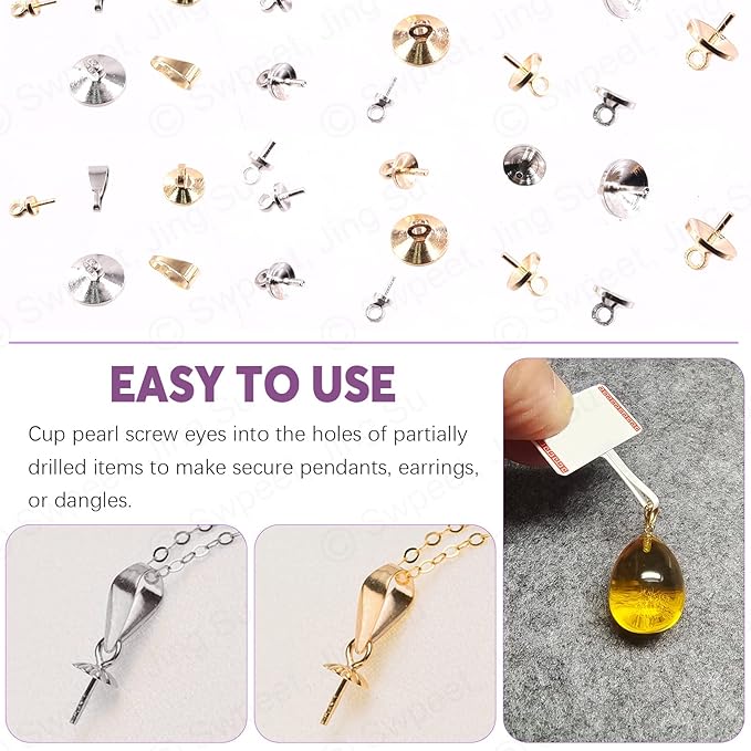 Swpeet 680Pcs Gold and Sliver 3mm 4mm 5mm 6mm 8mm Cup Pearl Screw Eye Pin Bail Peg Pendants with 7mm Pendant Charm Clasps Connector Kit, Perfect for Half-drilled Beads Jewelry Making