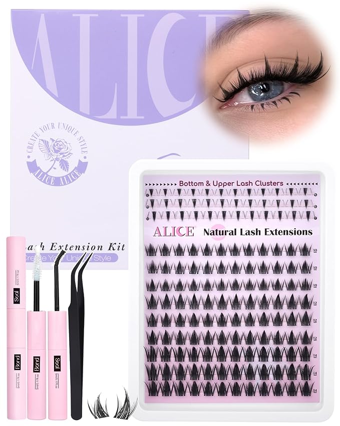 ALICE Manga Lash Clusters Kit Clear Band Natural Lash Extensions Kit 5-14mm Wispy Cluster Eyelash Extension Kit DIY Invisible Band Individual Cluster Lashes with Spiky Bottom Lashes Bond and Seal