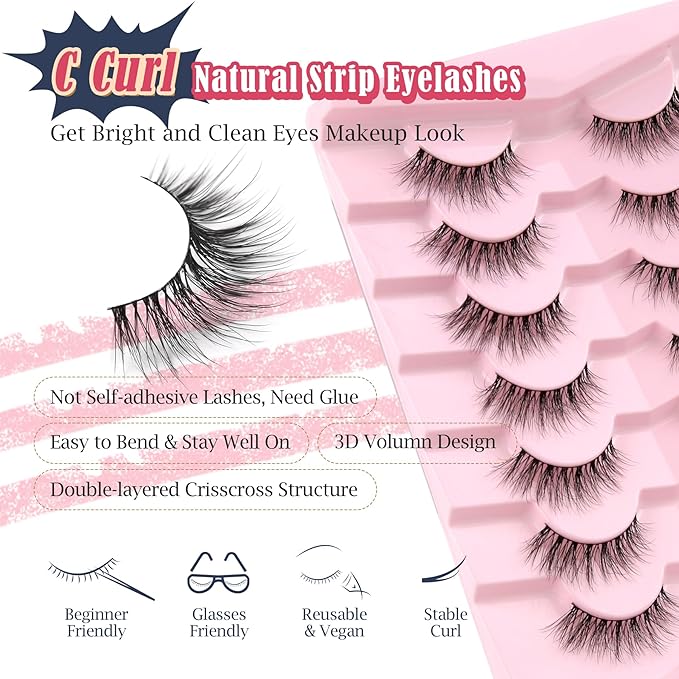 Natural Cat Eye Lashes Wispy Eyelashes 14mm Lightweight False Eyelashes 3D Volume Natural Lashes 0.1mm Thin Cotton Band Lash Strips Pack C Curl Soft Eyelash 7 Pairs Siligli