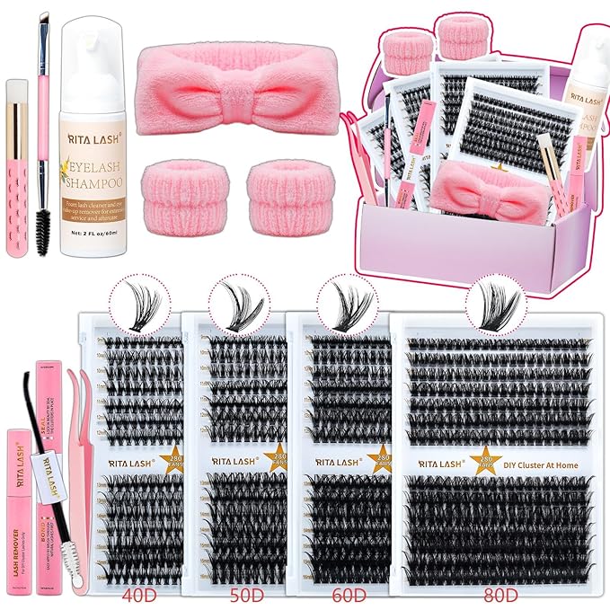 Lash Clusters Kit Eyelash Clusters Kit Cluster Eyelash Extensions Large Pack Lashes Clusters Lash Extension Kit Pestañas Postizas Naturales+Lash Bond&Seal,Remover,Tweezers,Cleanser,Tools(Lash Kit-10)