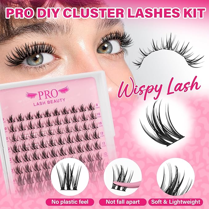 Lash Clusters Kit with Lash Bond and Seal Eyelash Applictor Lash Remover DIY Lash Extension Kit for Beginner Waterproof Resuable Eyelash Extensions at Home (Dewy,8-16mix)