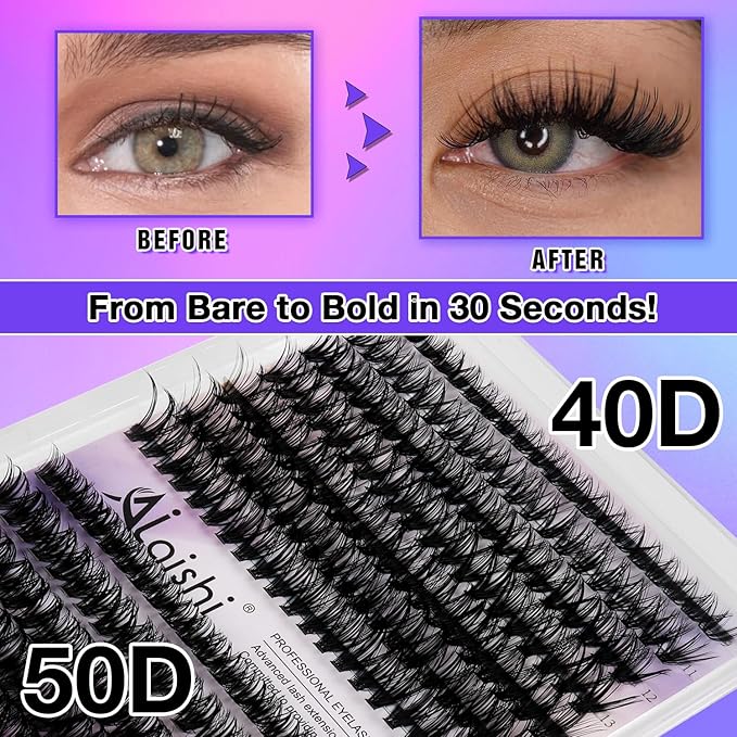 AILAISHI Lash Clusters Kit, DIY Cluster Eyelash Extensions 9‑16mm, 40D+50D, 280pcs Fluffy D Curl Natural Lashes with Bond & Seal,Tweezers–Fake Cat Eye Wispy Individual Clusters