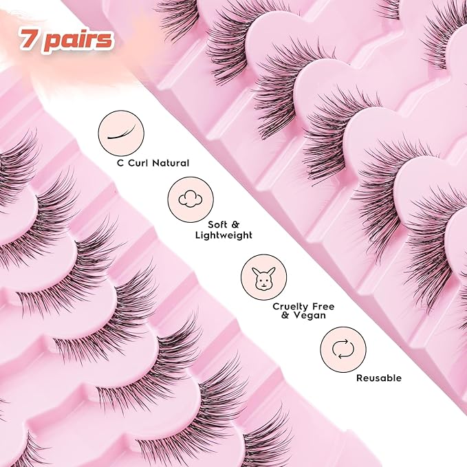Lashes Cat Eye 16MM Foxy Eyelashes Wispy Lash Strips C Curl Natural Lashes Fake Eyelashes with 0.03MM Ultra Thin Band Siligli Fox Eyelash 7 Pair