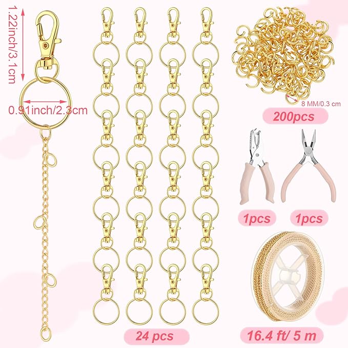 VioraWhite 227 Pcs Christmas Lip Gloss Keychain Making Kit Bulk 24 Keychain Clips with Lobster Claw Clasps 200 Jump Ring Chain Plier Hole Puncher for DIY Lip Gloss Crafts Supplies(Gold)