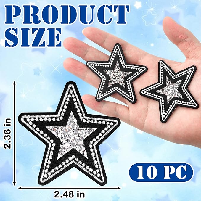 10Pcs Iron on Star Patches - Rhinestone Black Glitter Stars for Hats, Clothes, Backpacks, Costume