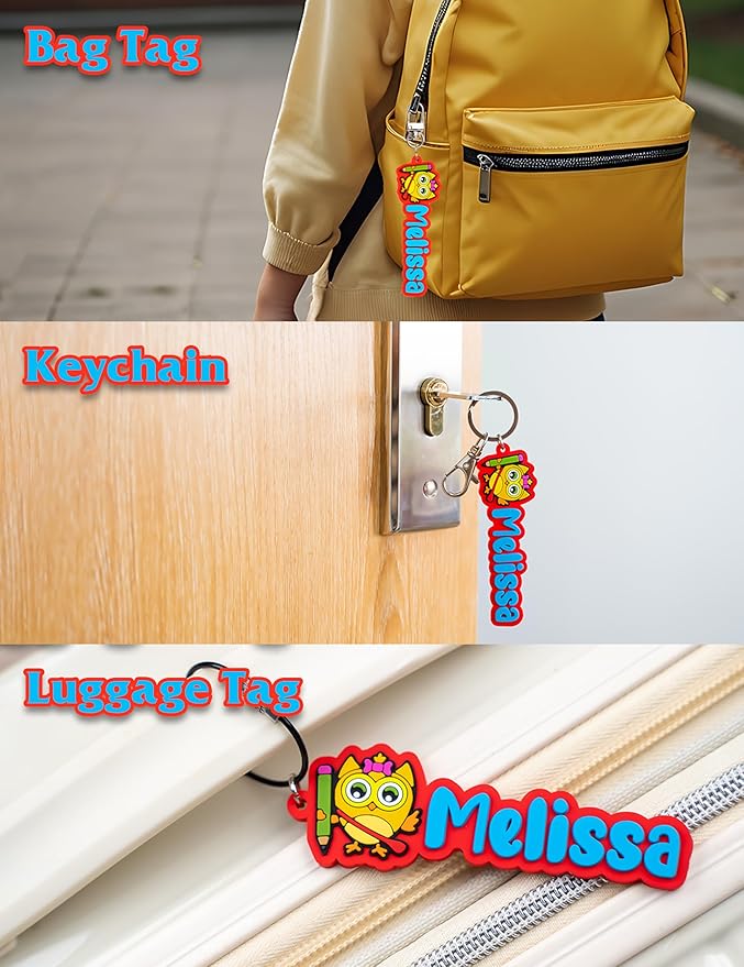 Custom PVC Name Tag, Personalized Keychain, Luggage Tags, Bag Tags for Kids Girls Boys Men Women, Customized Name Keychain, Water Bottle Keychain Tags, Bag Tags, Cute Gifts (Owl)