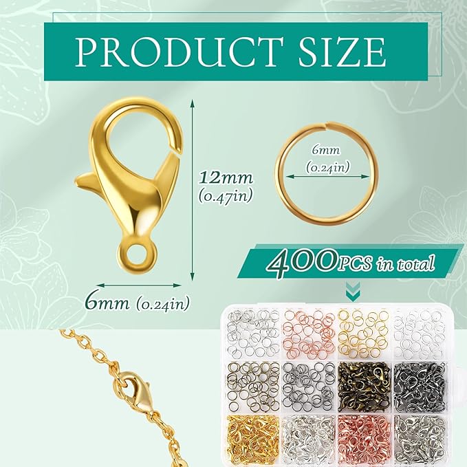 AUGSUN 6 Colors Lobster Claw Clasps and Open Jump Rings Set, 400PCS Lobster Claw Clasps with Open Jump Rings for Jewelry Making Accessories,12 mm X 7 mm