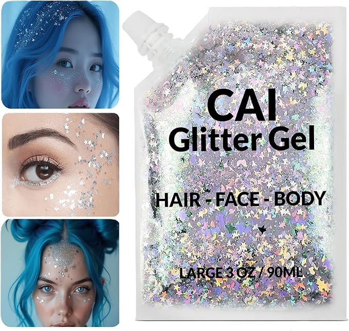 Face, Body & Hair Glitter Gel – Halloween Glitter for Kids and Women – 3 Oz Cosmetic-Grade Gel w/Moon & Stars for Festivals & Halloween Party, Easy Apply & Wash Off - Blue 2Pack