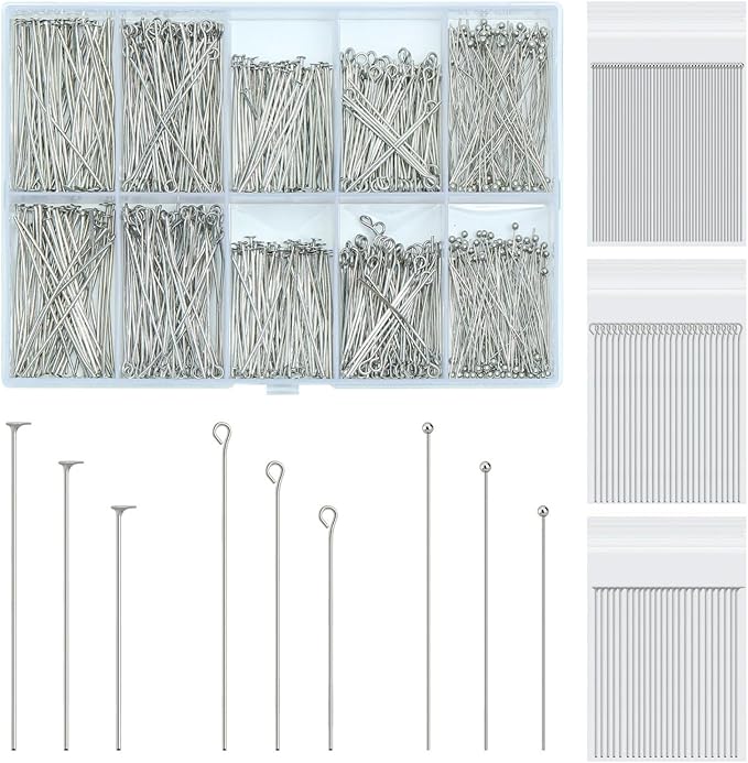 SONGIN 1085pcs Eye Pins and Flat Head Pins for Jewelry Making, Metal Eyepins, Headpins & Ball Head Pins for DIY Earrings, Necklaces, Bracelets, Pendants Jewelry Supplies(Silver)