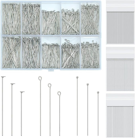 SONGIN 1085pcs Eye Pins and Flat Head Pins for Jewelry Making, Metal Eyepins, Headpins & Ball Head Pins for DIY Earrings, Necklaces, Bracelets, Pendants Jewelry Supplies(Silver)