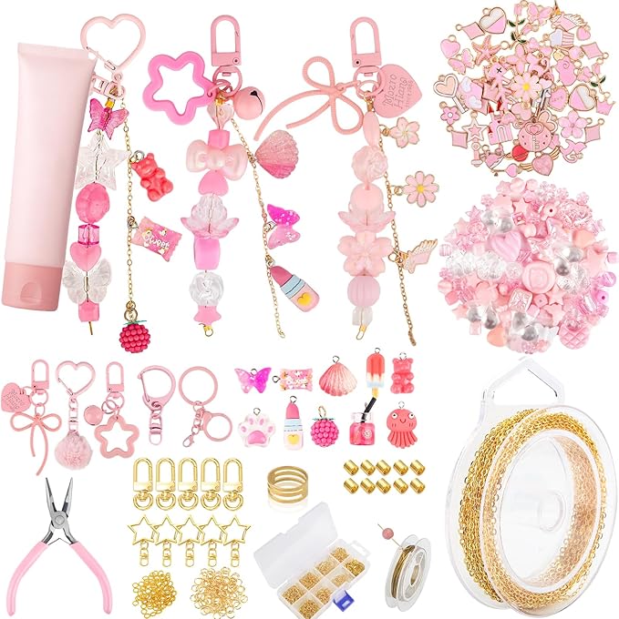 Ecoofor 249 Pcs Keychain Making Kit — Includes 15 Keychain Clips, 16.4 Feet Chains, 100 Charms, Beading Accessories, Jewelry Pliers — DIY Bag Charms & Jewelry Craft Kit Supplies