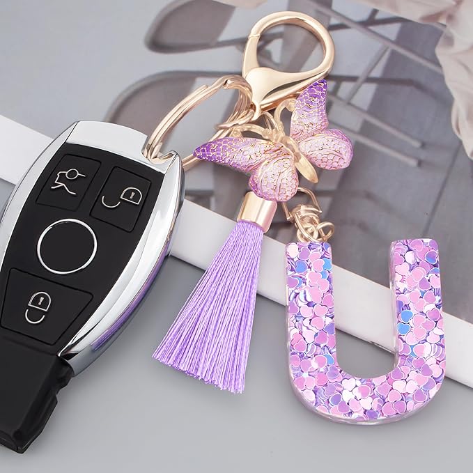 Initial letter Keychains for Women Girls Tassel Butterfly Cute Keychain for Wallet Backpack charm