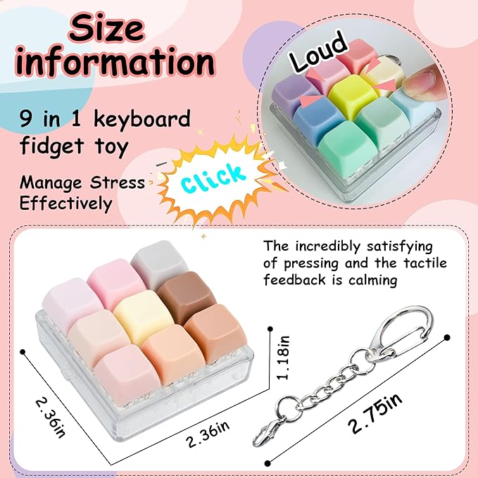 2 Pack 9 in 1 Keyboard Fidget Toy, Keyboard Fidget Keychain Anti-Stress Keyboard Decompression Button Finger Clicker Toys Stress Relief Fidget Gifts (Macaron,Morandi)