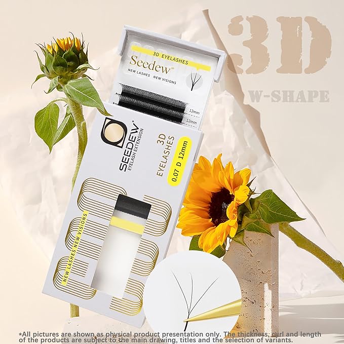 SEEDEW 3D Lash Extensions, 0.07mm C Curl 12mm 12 Rows/Tray, W Shape Flat Stem, Korean PBT Soft Natural False Eyelashes Grafting for Beginner Artist, Lash Tech, Beauty Salon(3D-Matte Black-0.07-C-12mm)