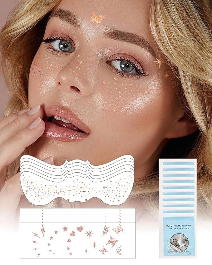 SUMEITANG Glitter Freckles Face Tattoo Patches - 12PCS Temporary Sparkle Face Stickers with 10 Remover Wipes | Waterproof Festival Rave Party Makeup Accessories for Women Girls (Rose Gold)