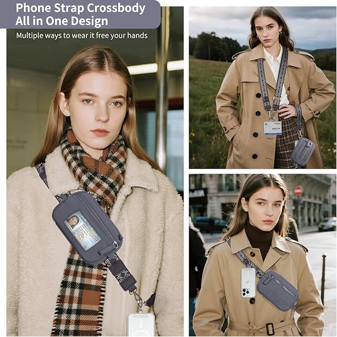 Clip and Go Strap for Phone with Wallet Crossbody Phone Lanyard with Anti-Theft Zipper Pouch Detachable Quilted Wrist Wallet with RFID and ID Window for Daily Travel. Grey