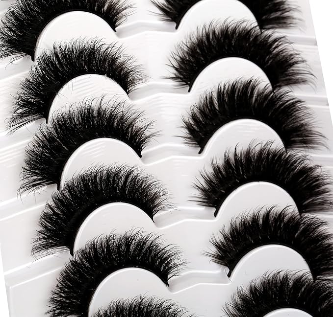 Pooplunch False Eyelashes Cat Eye Look 18MM Dramatic Volume Thick Wispy Long Faux Mink Lashes Fake Eyelash Strips 7 Pairs Pack